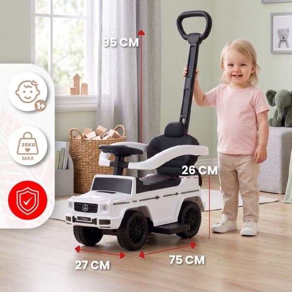 SUN BABY Gåbil til børn Mercedes-Benz Klasa G fra 1 år med skubbestang, opbevaring under sædet, lydfunktion, op til 25 kg hvid