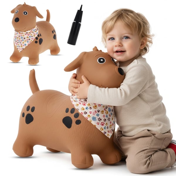 Sun Baby hoppebold til børn - Brun hund med bandana, inkl. pumpe, 12m+, maks. 45 kg