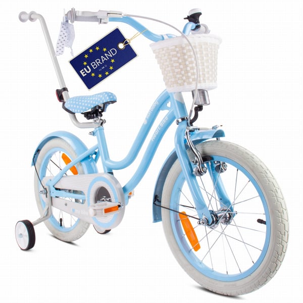 sun baby HEART BIKE Børnecykel 16 tommer - Kurv, Håndtag, Sidehjul - Silver Moon, Lyseblå