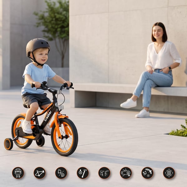 sun baby TRACKER BIKE Børnecykel 14 tommer - Justerbar sadel og styr, Klokke, Støttehjul - Orange Neon