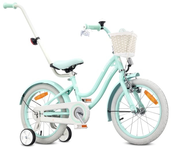 Heart Bike Flickcykel för en flicka 12 14 16 tum, Barncykel 2-6 år, Barncykel med stödhjul, pushbar, justerbar sadel och styre (Silver Moon Mint, 16 t