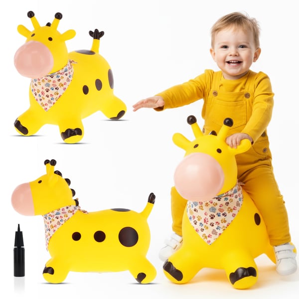 Sun Baby hoppdjur för barn Giraff, gul + pump och bandana, 12m+, maxvikt 45 kg