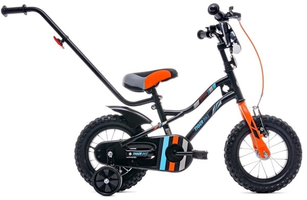 Børnecykel Tiger Bike 12" med skyvestang og støttehjul, V-bremse og fodbremse, sort-orange-turkis