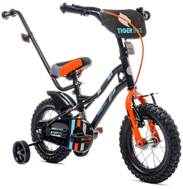 Børnecykel Tiger Bike 12" med skyvestang og støttehjul, V-bremse og fodbremse, sort-orange-turkis