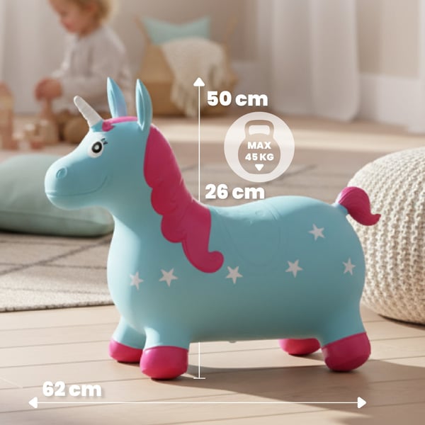 Sun Baby hoppebold til børn Enhjørning blå-lyserød + pumpe og bandana, 12m+, op til 45 kg