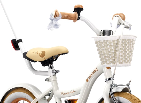 Flower Bike Flickcykel för en flicka 12 14 16 tum, Barncykel 2-6 år, Barncykel med stödhjul, pushbar, justerbar sadel och styre (Vit Beige, 12 Tum)