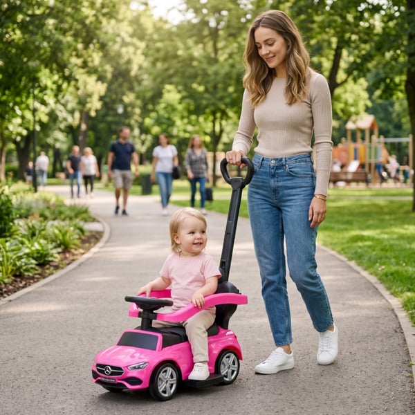 SUN BABY Gåbil för barn Mercedes C-Class från 1 år med skjutstång, ljudfunktion upp till 25 kg rosa