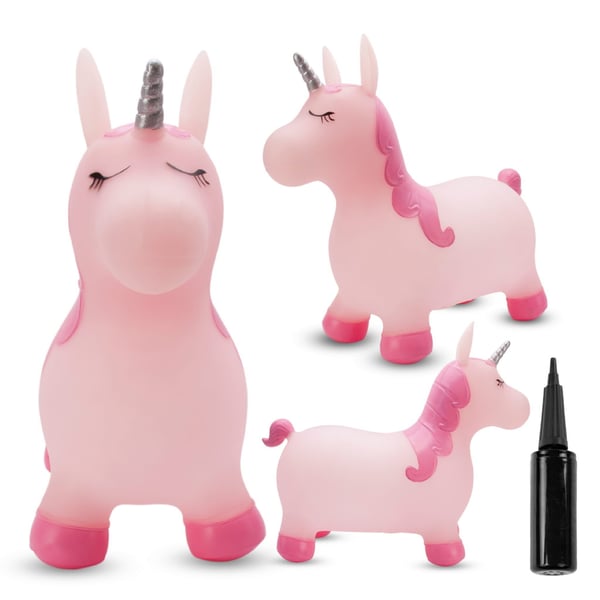Sun Baby hoppdjur för barn Kelly, rosa med glittrande horn + pump (12m+, 45 kg)