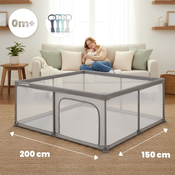 Sun Baby Leikkikehä kahvoilla 150x200 cm 0-2 v Harmaa, polyesteri, verkko, vetoketjuovi, liukumattomat jalat, laukku, metallirunko