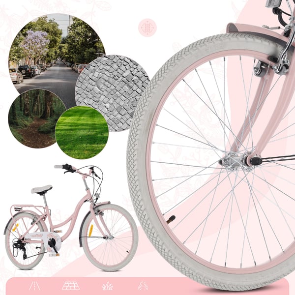 24 tuumanen tyttöjen kaupunkipyörä, Shimano 7 vaihdetta, Flower Bike, vaaleanpunainen, Sun Baby