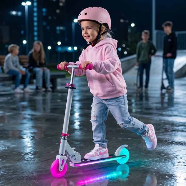 Sammenklappelig tohjulet løbehjul til børn, justerbar, Lumiride LED 7 farver, 20 programmer, hvid, Sun Baby