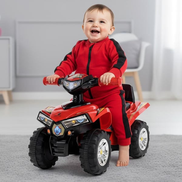 Sun Baby quadgåstol för barn, röd - ljud och ljus, 12 mån+, maxvikt 25 kg, förvaringsfack