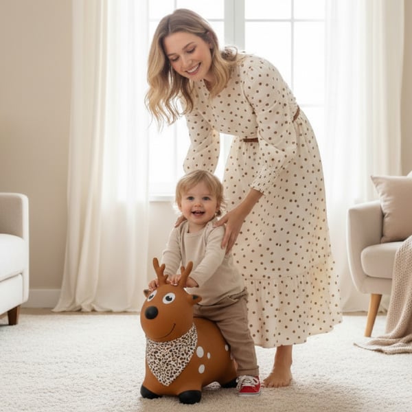 Sun Baby hoppleksak för barn JELONEK, brun + pump, 12m+, maxvikt 45 kg, BPA Free