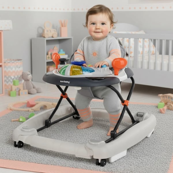 SUN BABY Gåstol för barn från 6 månader med mjuka 360° svängbara hjul och säkerhetsstopp, gungfunktion, upp till 12 kg grå