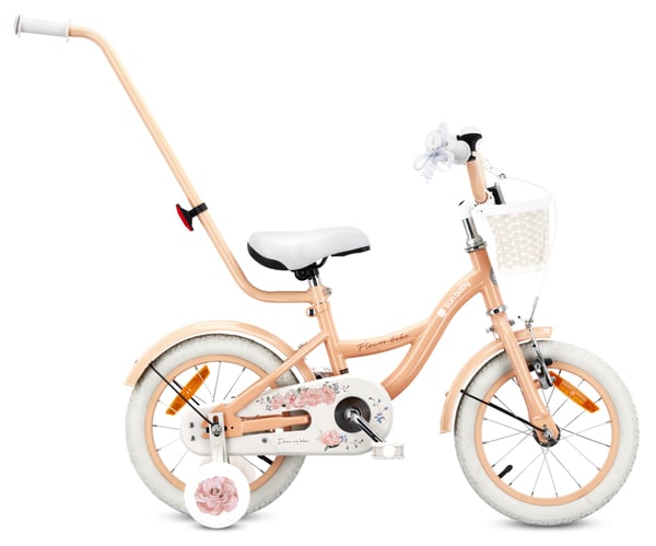 Flower Bike Flickcykel för en flicka 12 14 16 tum, Barncykel 2-6 år, Barncykel med stödhjul, pushbar, justerbar sadel och styre (Aprikos, 14 Tum)