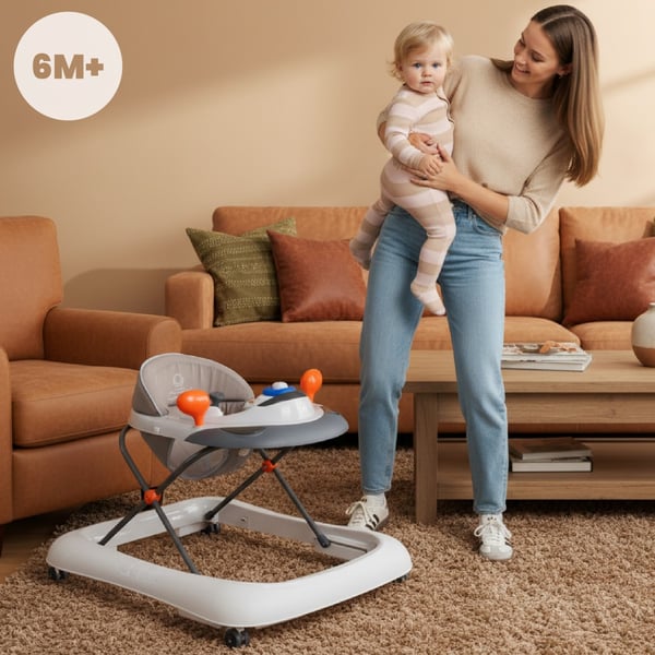 Sun Baby interaktiv gåstol 6-12 mån, 3-stegs justering, 360° gummihjul, stopp, grå