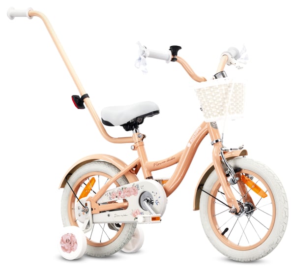Flower Bike Flickcykel för en flicka 12 14 16 tum, Barncykel 2-6 år, Barncykel med stödhjul, pushbar, justerbar sadel och styre (Aprikos, 14 Tum)