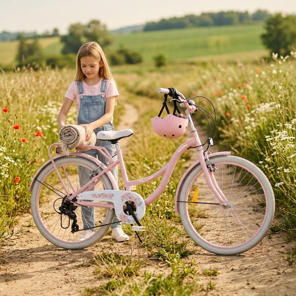 24 tuumanen tyttöjen kaupunkipyörä, Shimano 7 vaihdetta, Flower Bike, vaaleanpunainen, Sun Baby
