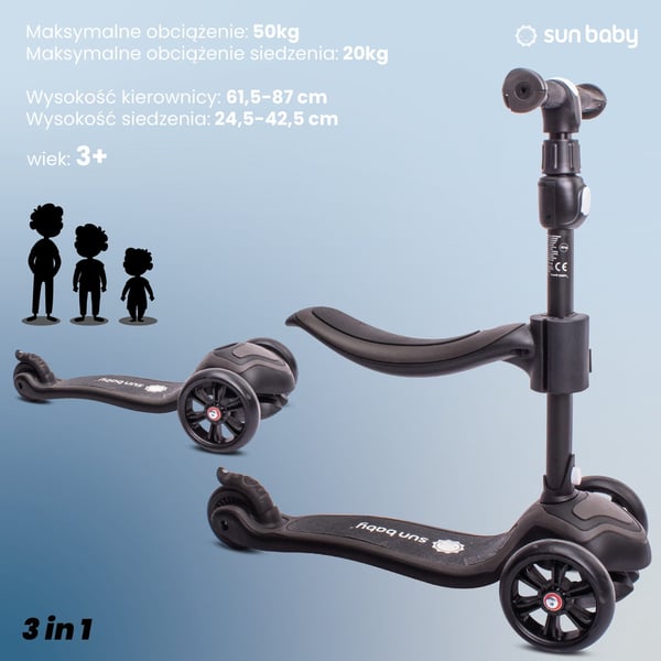 Flash 3in1 LED-tasapainoskootteri lapsille - musta