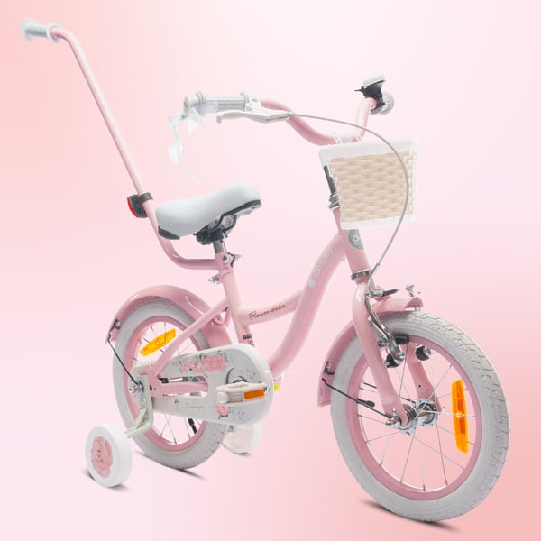 FLOWER BIKE Polkupyörä tytölle 14 tuumaa, työntötanko, sivupyörät, kori, vaaleanpunainen