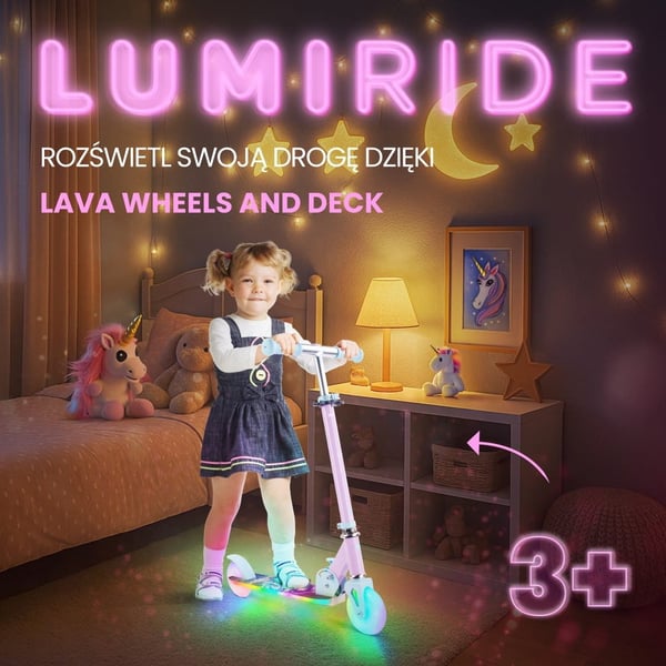Taitettava kaksipyöräinen potkulauta lapsille, säädettävä, Lumiride LED 7 väriä/20 ohjelmaa, Unicorn, 73-85 cm, musta, Sun Baby