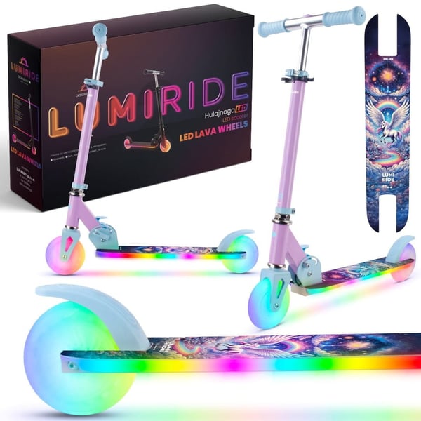 sun baby LUMI RIDE Tvåhjulig sparkcykel för barn LED 7 färger/20 program, justerbar 73-85 cm, hopfällbar, avtagbara handtag (Svart)