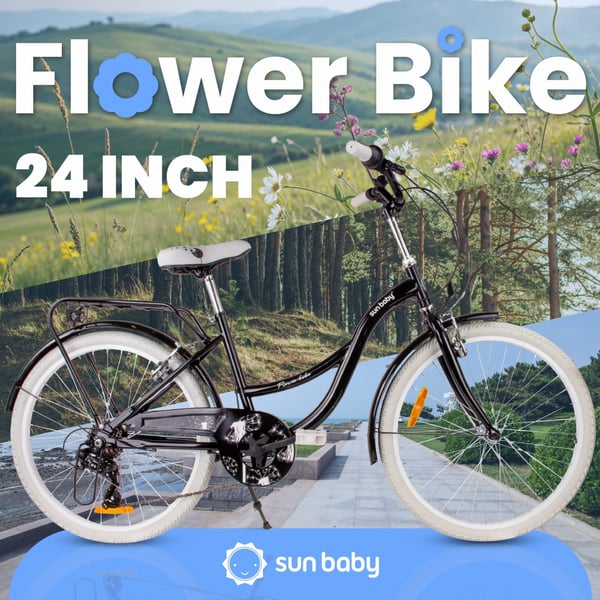 sun baby FLOWER BIKE Børnecykel 24 tommer - 7 gear, V-brakes, forlygter, bagagebærer, skærme - Sort