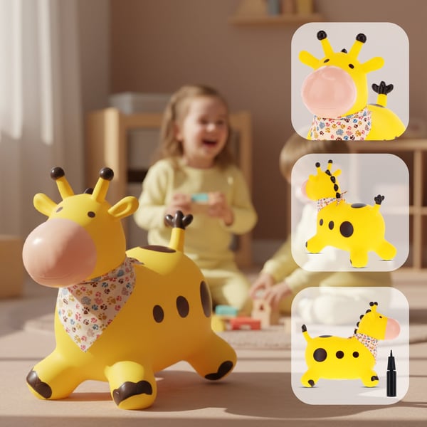 Sun Baby hoppdjur för barn Giraff, gul + pump och bandana, 12m+, maxvikt 45 kg