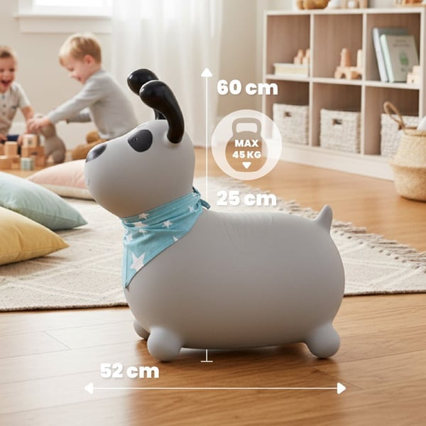 Sun Baby hoppdjur Reksio, grå med bandana + pump, 12m+, max belastning 45 kg