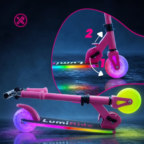 sun baby LUMI RIDE Sparkcykel Barn 2 hjul, trehjuling skoter från 3 år, LED - 7 färger, 20 program - 3 nivåer av styrhöjdsjustering, fotbroms, avtagba
