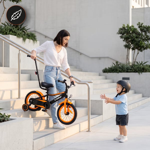 sun baby TRACKER BIKE Børnecykel 14 tommer - Justerbar sadel og styr, Klokke, Støttehjul - Orange Neon