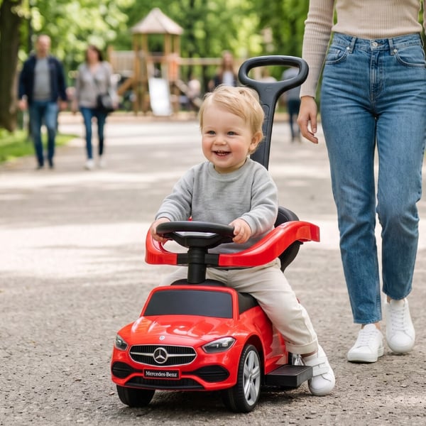 Sun Baby potkuauto Mercedes-Benz C-Class - puskija, kaari ja jalkatuet, punainen