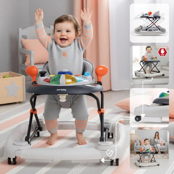 SUN BABY Gåstol för barn från 6 månader med mjuka 360° svängbara hjul och säkerhetsstopp, gungfunktion, upp till 12 kg grå