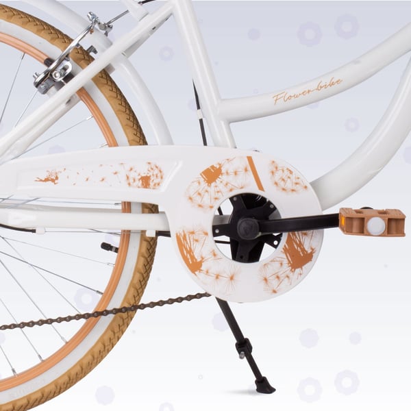 Flower Bike Tyttöjen polkupyörä yhdelle tytölle 24 tuumaa, 8-12 vuotta, Beige ja valkoinen, Lasten polkupyörä, jossa 7-vaihteinen, V-jarru