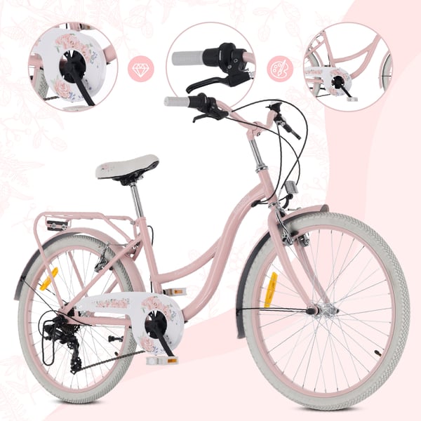 24 tuumanen tyttöjen kaupunkipyörä, Shimano 7 vaihdetta, Flower Bike, vaaleanpunainen, Sun Baby