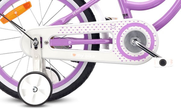 Heart Bike Pigecykel 12 14 16 tommer, Børnecykel 2-6 år, Børnecykel med støttehjul, skubbestang, justerbar sadel og styr (Lilla, 16 tommer)