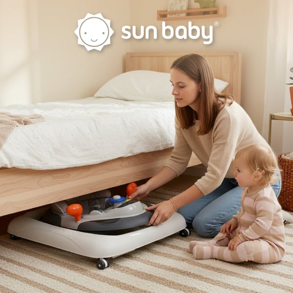 Sun Baby interaktiv gåstol 6-12 mån, 3-stegs justering, 360° gummihjul, stopp, grå