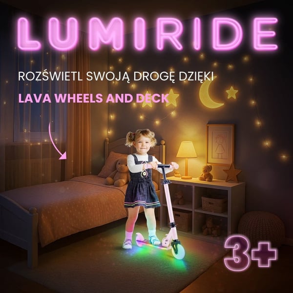 sun baby LUMI RIDE Sparkcykel Barn 2 hjul, trehjuling skoter från 3 år, LED - 7 färger, 20 program - 3 nivåer av styrhöjdsjustering, fotbroms, avtagba