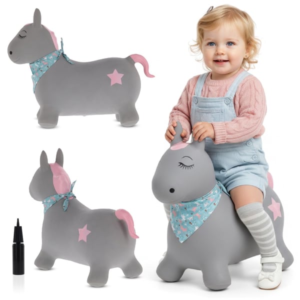 Sun Baby Hyppelelu Pony harmaa bandanalla ja pumpulla, 12kk+, kantavuus 45 kg