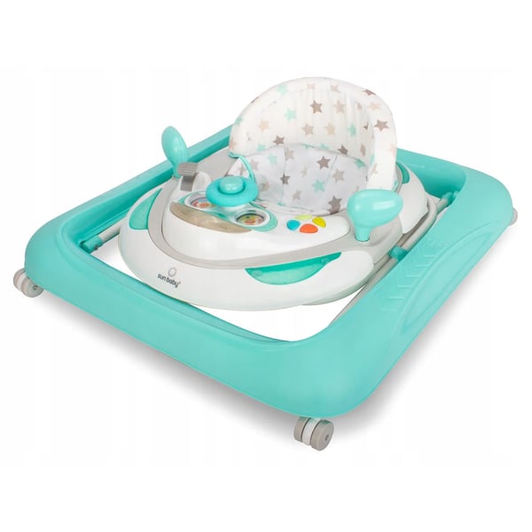 SUN BABY Gåstol för barn 6-12 månader med mjuka 360° svängbara hjul och säkerhetsstopp, upp till 12 kg turkos