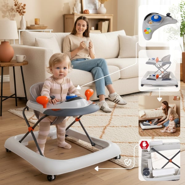 Sun Baby interaktiv gåstol 6-12 mån, 3-stegs justering, 360° gummihjul, stopp, grå
