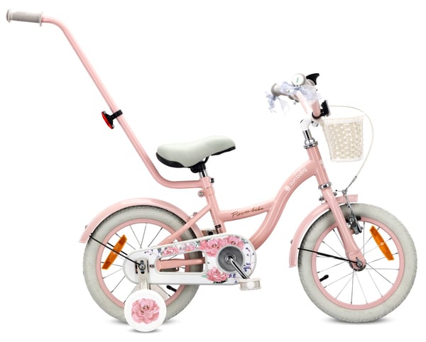 sun baby FLOWER BIKE Barncykel 14 tum - Korg, Handtag, Sidohjul - Rosa