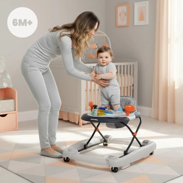 SUN BABY Gåstol för barn från 6 månader med mjuka 360° svängbara hjul och säkerhetsstopp, gungfunktion, upp till 12 kg grå