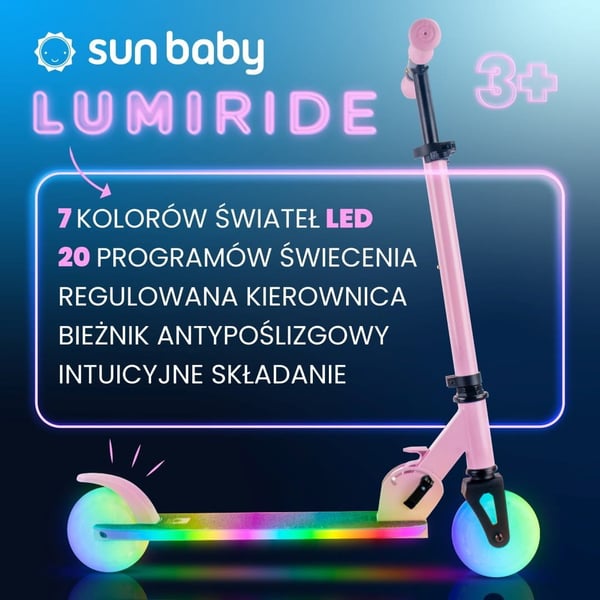 sun baby LUMI RIDE Sparkcykel Barn 2 hjul, trehjuling skoter från 3 år, LED - 7 färger, 20 program - 3 nivåer av styrhöjdsjustering, fotbroms, avtagba