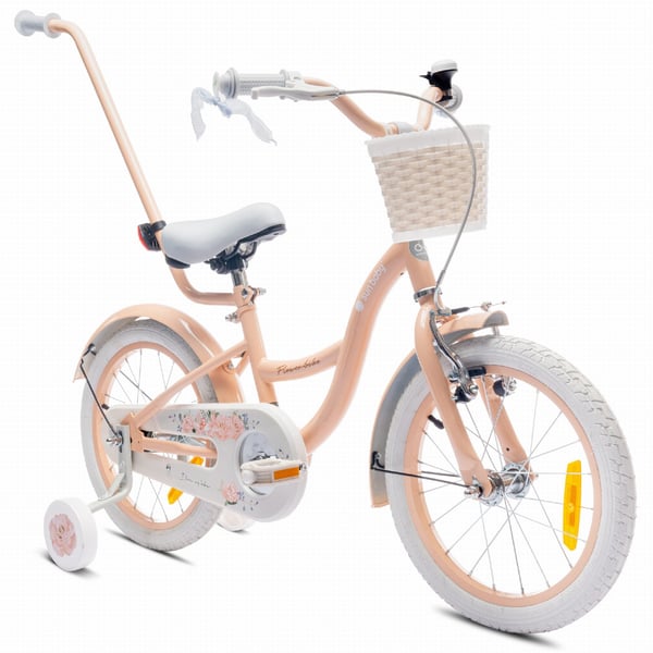FLOWER BIKE Polkupyörä tytölle 16 tuumaa, työntötanko, sivupyörät, kori, aprikoosi
