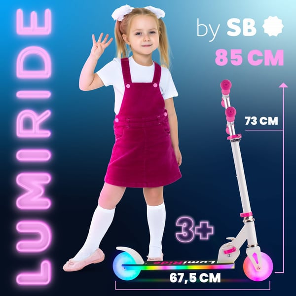 LUMI RIDE Scooter Kids 2 wheels Fuchsia, kolmipyöräinen skootteri 3-vuotiaille, LED, 3 tasoa ohjaustangon korkeuden säätöä, jalkajarru