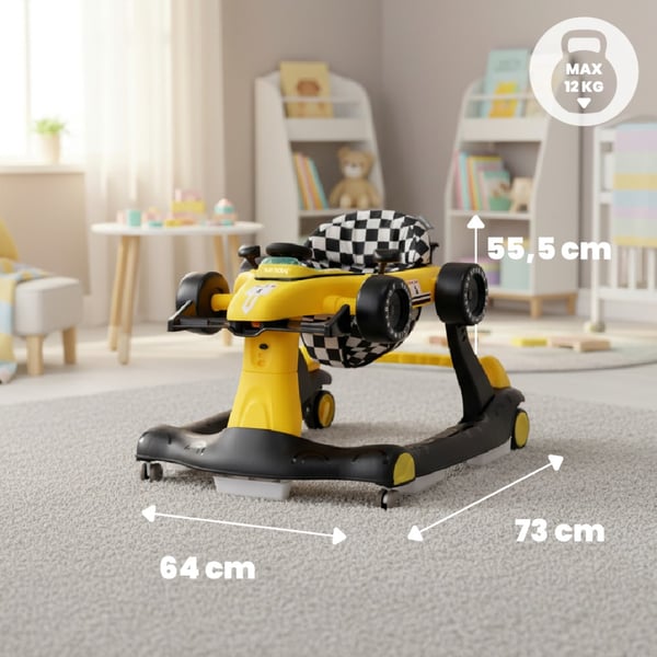 Sun Baby vauvan kävelytuoli 3-in-1 Formula 1, keltainen, 6-12 kk, max 12 kg