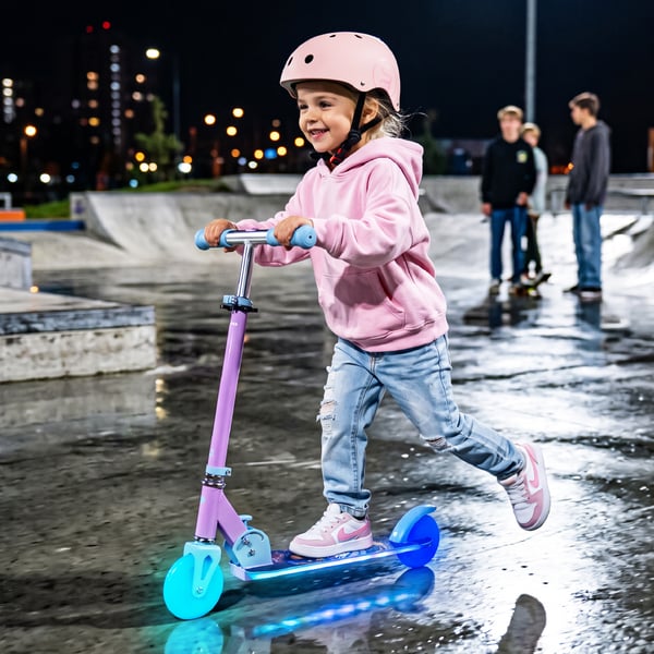 Sun Baby Lumiride LED tohjulet børnescooter 7 farver/20 programmer, sammenklappelig, justerbar 73-85 cm, Unicorn