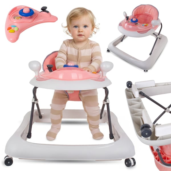 Sun Baby gåstol interaktiv 6-12 mån, 3-stegs höjdjustering, 360° hjul med gummi, stopp, enkel montering, EN 1273:2020, rosa-grå