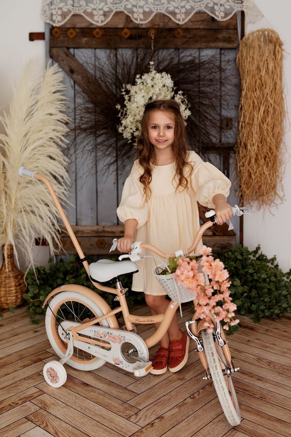 FLOWER BIKE Polkupyörä tytölle 14 tuumaa, työntötanko, sivupyörät, kori, aprikoosi